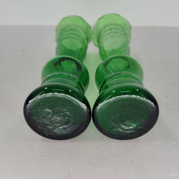 Vintage Pair Green Swirl‎ Art Glass Bud Vases Ruffle Rim Mid Century Decor 8in - Picture 4 of 6